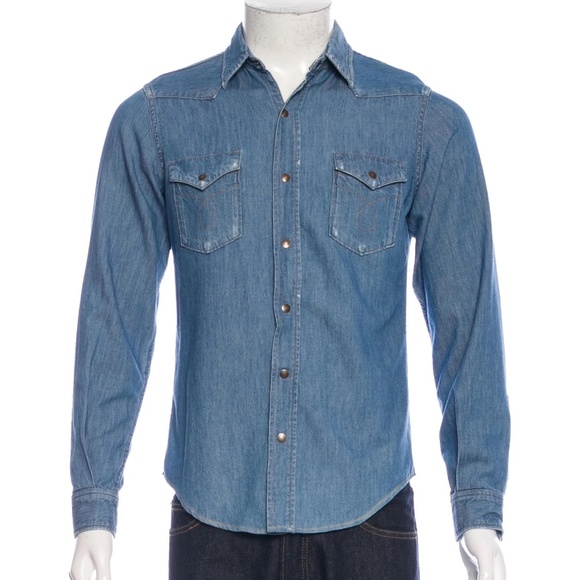 Saint Laurent Distressed Chambray Shirt Size: S - US15, IT38 - Picture 1 of 3